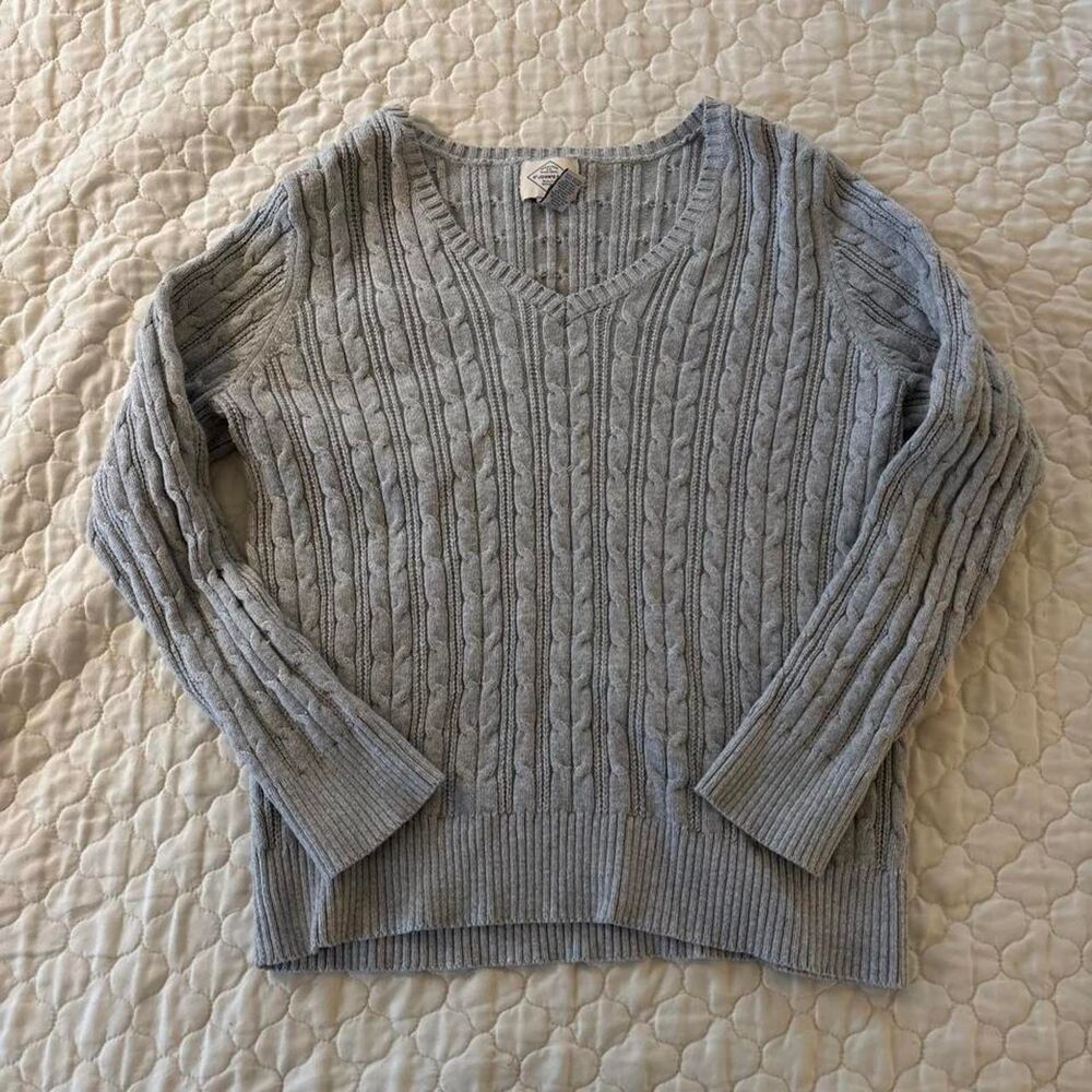 Women's Y2K Light Grey Cable Knit V-Neck Sweater Size Petite XL Cozy